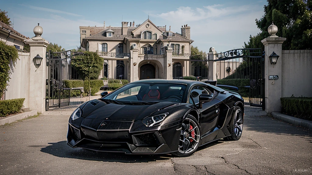 Make a picture of lamborghini aventador lp 780-4 ultimae (nero aldebaran metallic - black), the background is a massive mansion and the car is standing infront of the main gate, make sure no human is in the picture and make sure it looks real