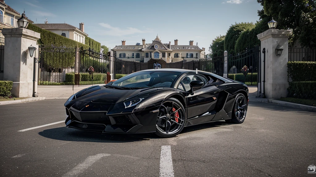 Make a picture of lamborghini aventador lp 780-4 ultimae (nero aldebaran metallic - black), the background is a massive mansion and the car is standing infront of the main gate, make sure no human is in the picture and make sure it looks real