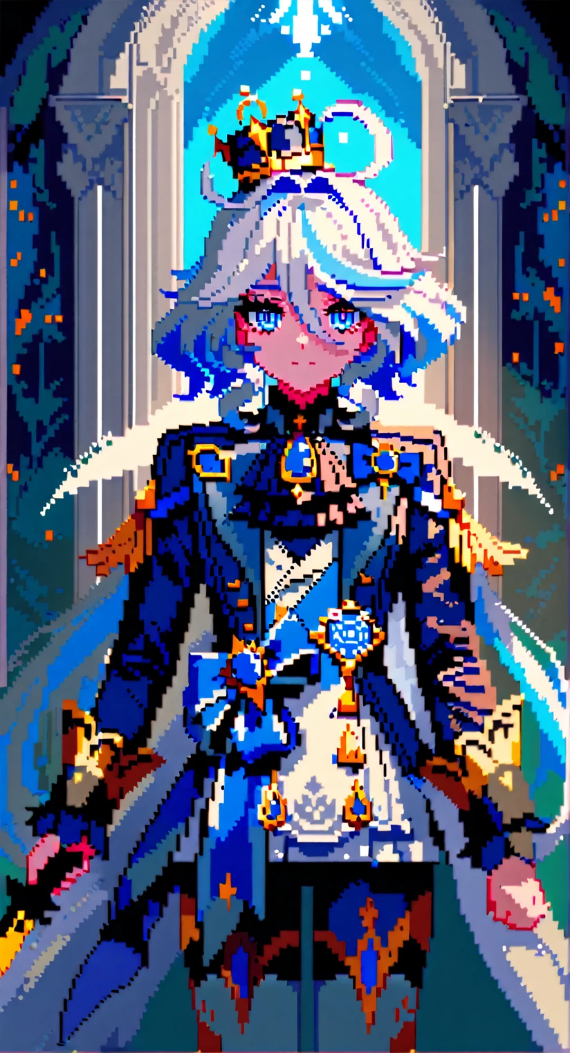 solo, (((pixel art))), masterpiece, best quality, very aesthetic, absurdres, extremely detailed, (quasarcake:1.2), furina genshin impact, v-line jaw, (((detailed lighting, rendered, beatiful eyes, expressive eyes, detailed eyes, perfect hair, detailed face and body))), 
A valiant knight clad in gleaming, ornate armor stands at the edge of an ancient, enchanted forest. His sword, etched with runes and glowing faintly, is gripped firmly in his hand. The knight's helmet reveals eyes full of determination and honor. Behind him, a majestic castle rises against a backdrop of misty mountains, its towers touching the sky. A mystical creature, a loyal dragon or a graceful unicorn, stands by his side. The air is filled with the scent of pine and magic, and the soft sounds of a medieval melody echo through the trees. This scene embodies bravery and the timeless quest for justice in a world of fantasy.