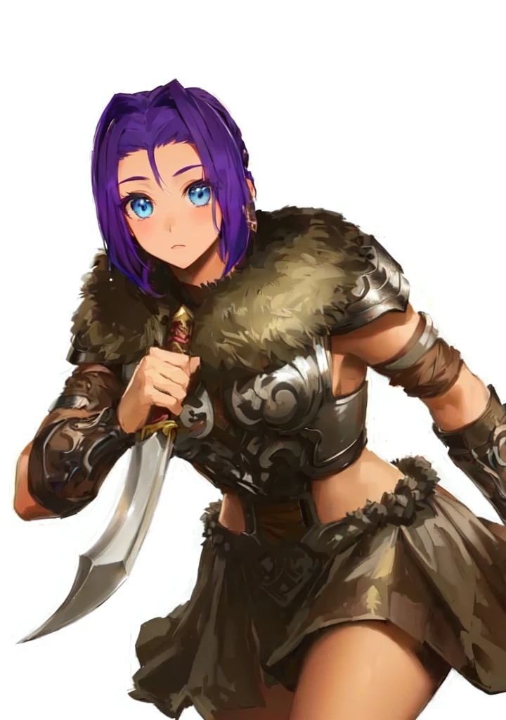 A man in brown clothes、Holding a sword、Purple hair woman, She holds a sword, Natalie in epic battle fantasy, Armor Girl, A very beautiful berserker woman, Wearing dark purple armor, Wearing fur armor, Wearing a shining breastplate, wearing intricate fur armor, female barbarian, Northern adult female warrior, Savage Female Portrait,Blue Eyes,Three Kingdoms,Dynasty Warriors,big ,sex body,Brown skin,cute,,Petite girl