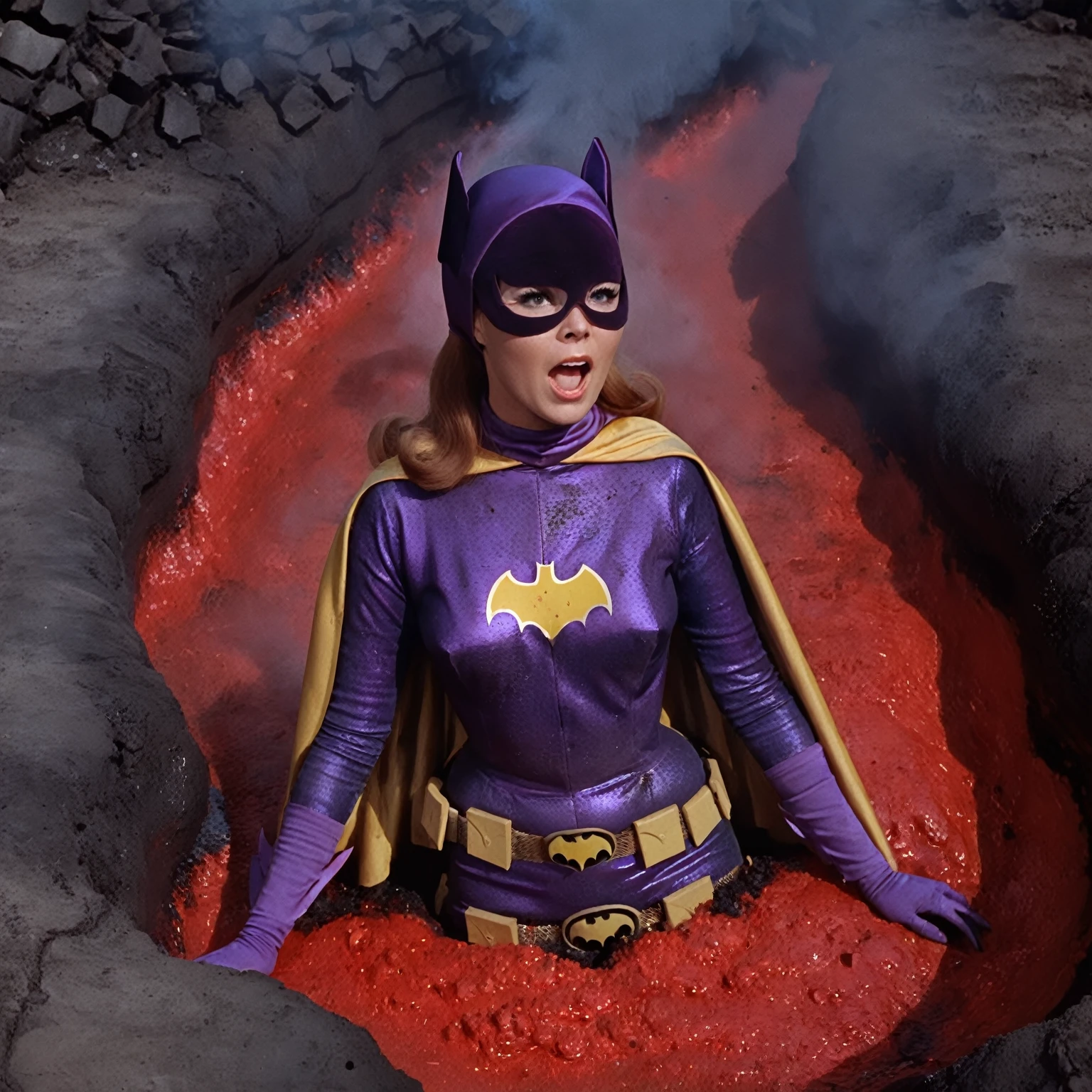 yvonne craig woman, sinking in a lava pit. She screams with her eyes wide open, she looks for help, but half of her body is already burning in the red lava, smoke, she is in pain, , 60's style, analog film, film grain