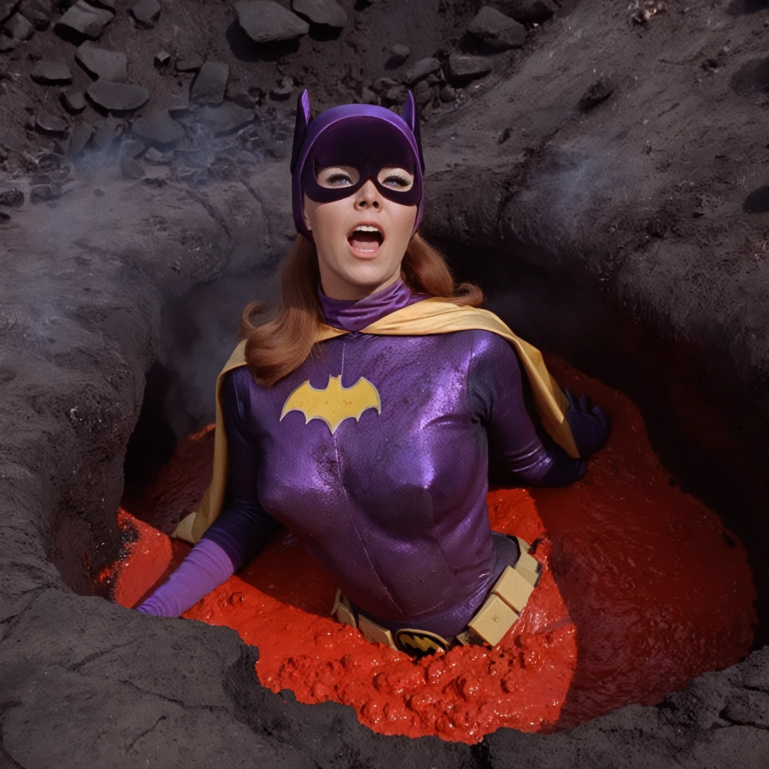 yvonne craig woman, sinking in a lava pit. She screams with her eyes wide open, she looks for help, but half of her body is already burning in the red lava, smoke, she is in pain, , 60's style, analog film, film grain