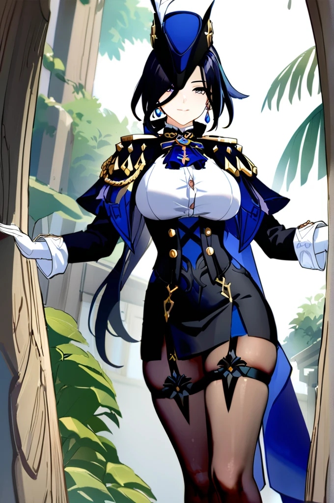 masterpiece, Highest quality, Perfect functionality, Intricate details, Ray Tracing, up to date,(Hitenkei, Asksy:0.4), One girl, Clolinde \(Genshin Impact\), Three-cornered hat, Black Pantyhose, Earrings, Blue Cape, White gloves, Pencil Skirt, White shirt, Thigh straps, Underbust, Ascot, Black jacket, A light smile, garden, Outdoor, Depth of written boundary, flower,