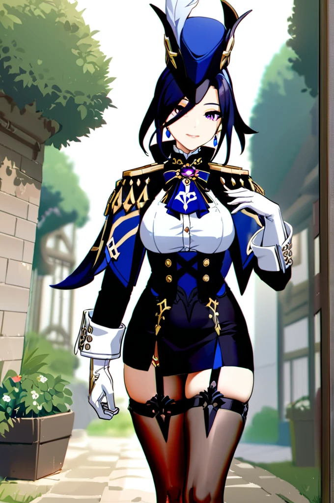 masterpiece, Highest quality, Perfect functionality, Intricate details, Ray Tracing, up to date,(Hitenkei, Asksy:0.4), One girl, Clolinde \(Genshin Impact\), Three-cornered hat, Black Pantyhose, Earrings, Blue Cape, White gloves, Pencil Skirt, White shirt, Thigh straps, Underbust, Ascot, Black jacket, A light smile, garden, Outdoor, Depth of written boundary, flower,