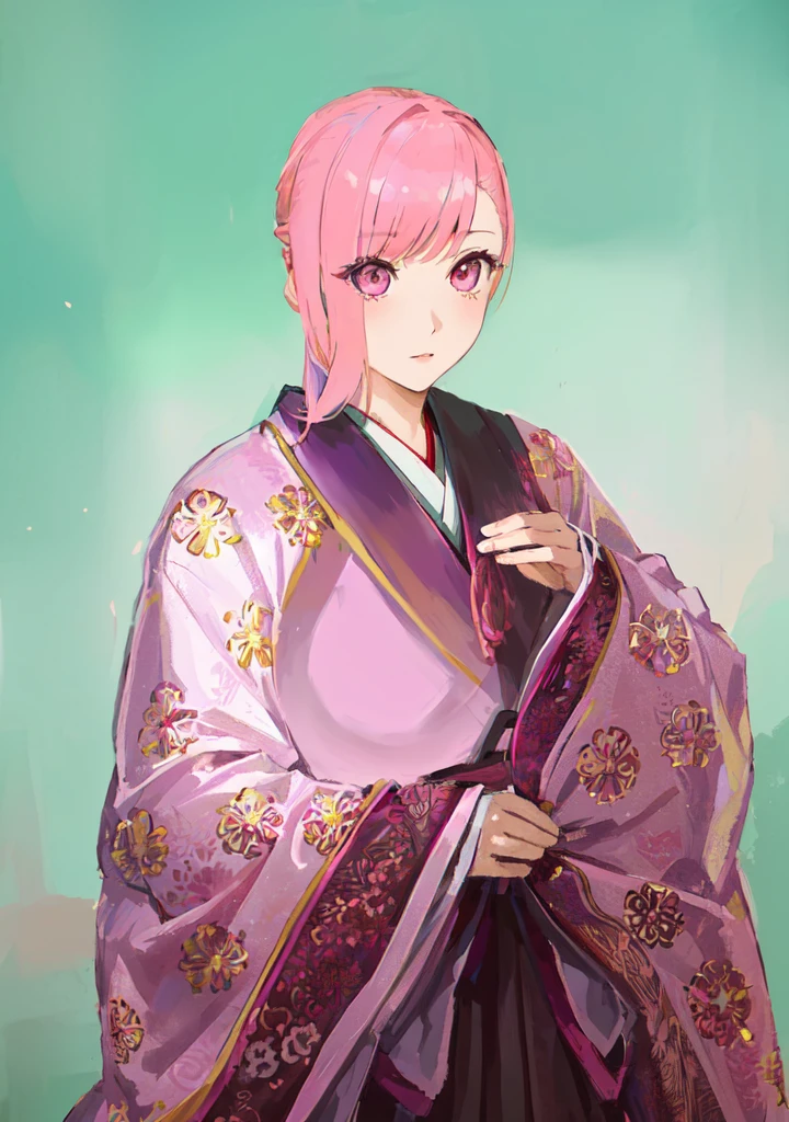 Pink Hair、Anime girl in purple dress，, Sakura Haruno, ((Wearing noble robes)), Goto Indian Summer,Produced in collaboration with Anime Painter Studio, Inspired by Nishikawa Sukenobu, Glorious Makami, inspired by Eizan Kikukawa, Wearing Kimono, Yaoi Haruma, Wearing Kimono，big ，huge ，sex body，Three Kingdoms，Dynasty Warriors，Chinese style，Hanfu，Huge Breasts，Pink Eyes，Pink Hair，A bit sinister look，Cunning girl，fate Miyamoto Musashi