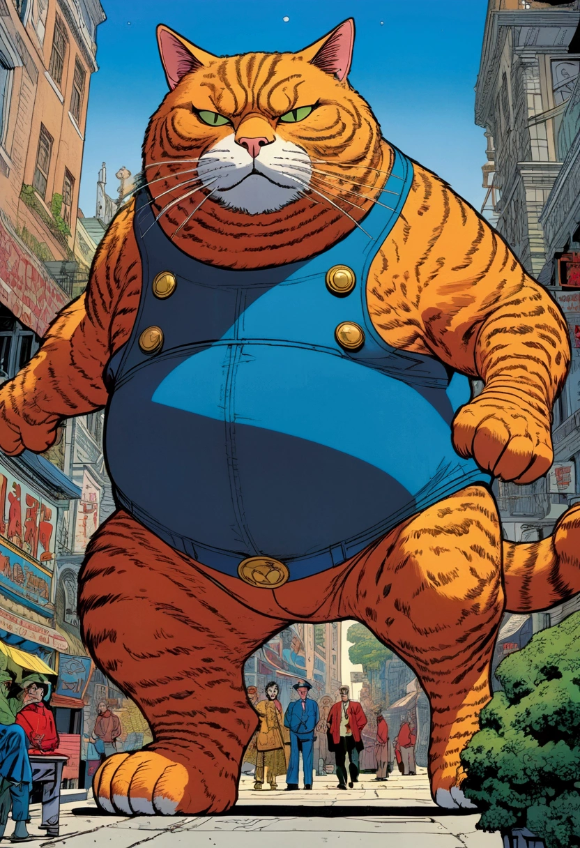 Giant fat Cat, full body, outdoor, by Sal Buscema and Brian Bolland and Neal Adams, cinematic still, (best quality, masterpiece), very aesthetic, perfect composition, intricate details, ultra-detailed, vivid colors