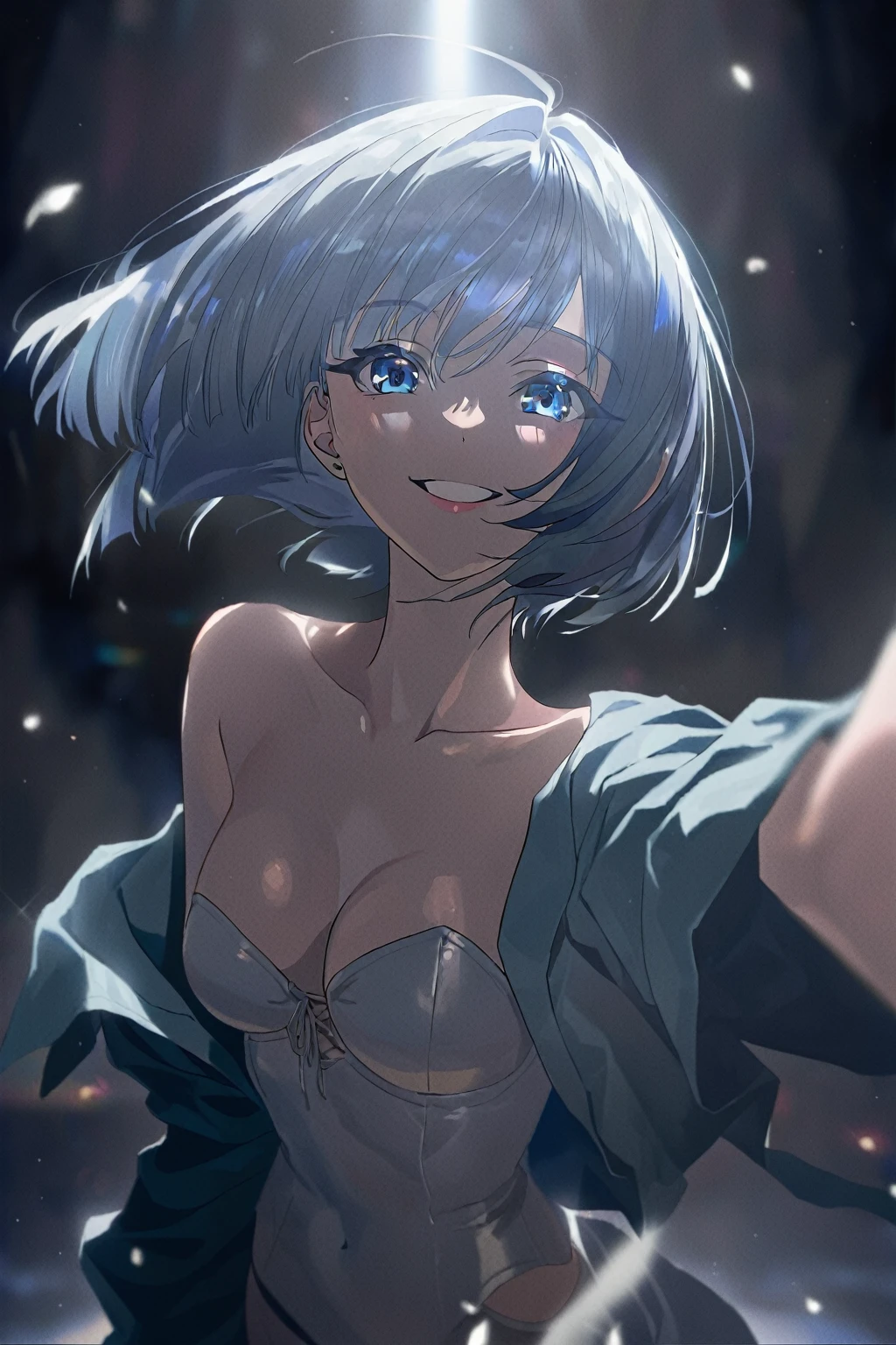 1girl,solo,looking at viewer,smile,short hair,blue eyes,  cinematic lighting and shadow,