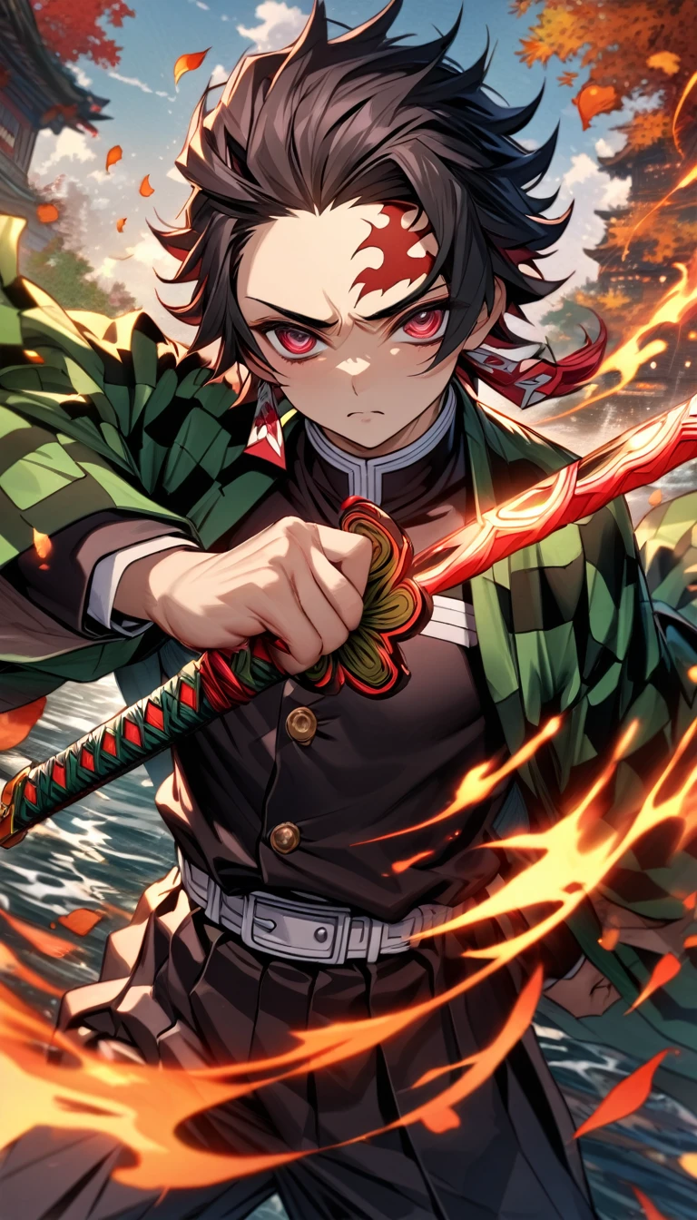 Ultra detailed, highres, absurdres, HDR, master piece, Kamado Tanjirou, ruffled black hair, expressive dark red eyes, Kimetsu No Yaiba, water, autumn, petals, sexy man, solo, handsome, demon slayer uniform, green haori, best quality, red mark on his forehead, holding katana, that burning with fire katana, fight, katana drawing pose epic