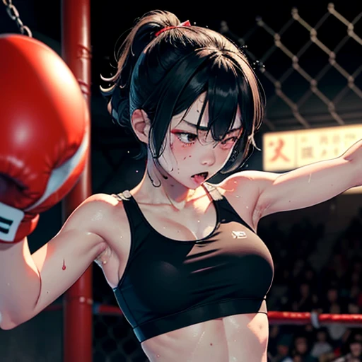 a bloody cute japanese high school girl fighter is beated down in a ring. she is groggy. she is defeated. she is knocked out. she have short-cut black hair, shortness of breath, drool from her mouth, one closed eye, exhaustion, and sweat soaked. sports-bra. open finger grobe.