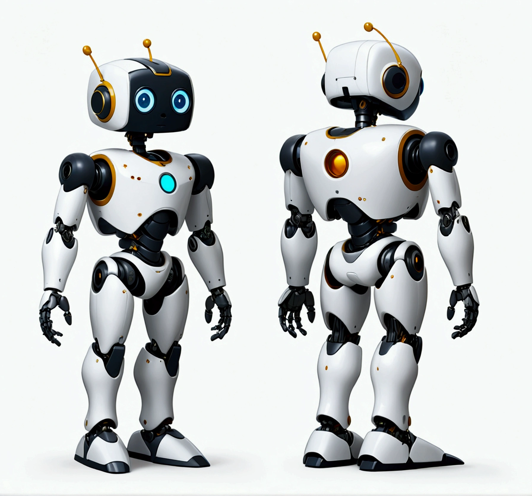 small tender robot like wally-e , short legs, reactangular rectangular head with eyes (front, side, back views of the same character) , white background