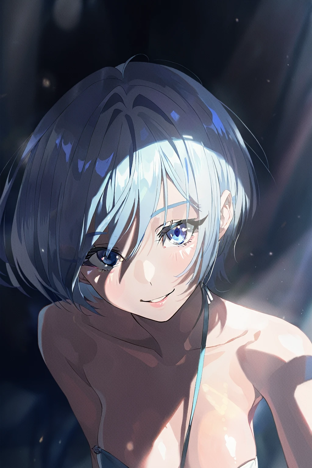 1girl,solo,looking at viewer,smile,short hair,blue eyes, cinematic lighting and shadow,