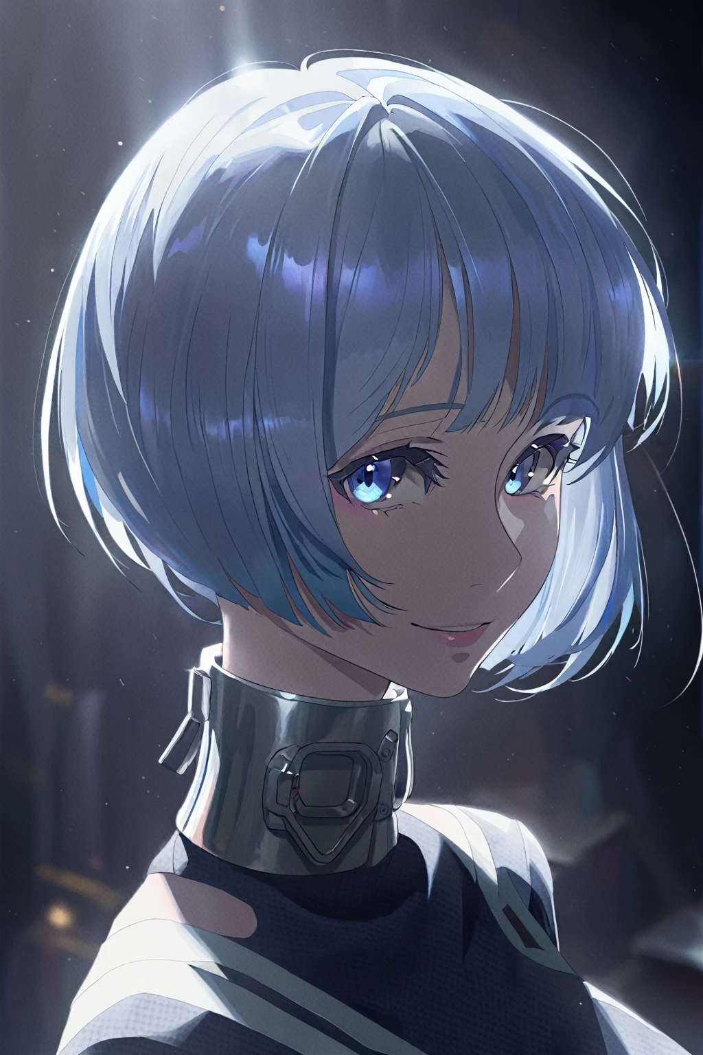 1girl,solo,looking at viewer,smile,short hair,blue eyes,  cinematic lighting and shadow,