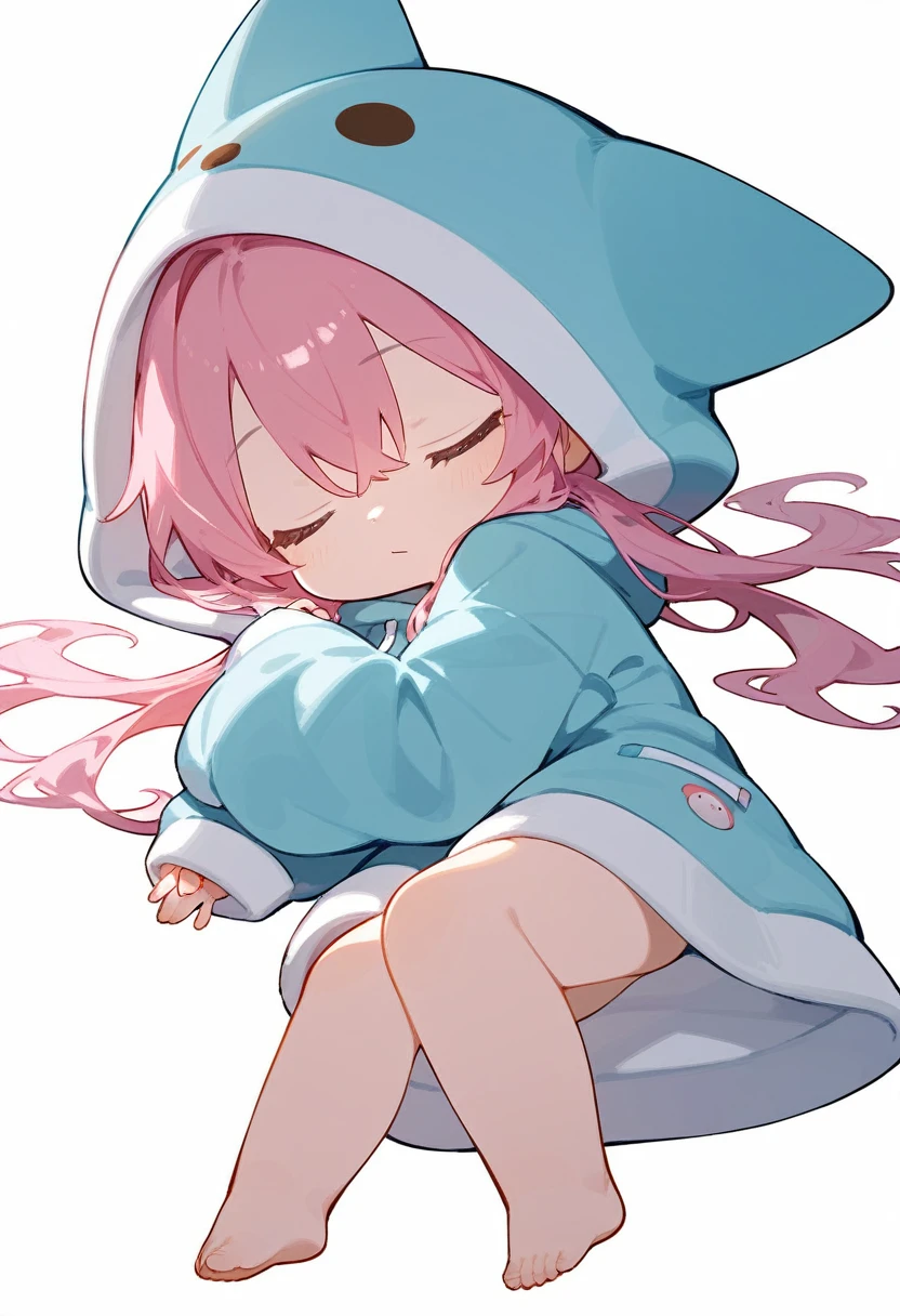 score_9,score_8_superior,score_7_superior,One girl,Pink Hair,Chibi character alone,,hood chibi,bangs,sleep,布団でsleep,Put on a futon,sleeping,fullbody,whole body,hoodie,Wearing a hood,Long sleeve,Hair between the eyes,Sleeves are longer than your fingers,white background,