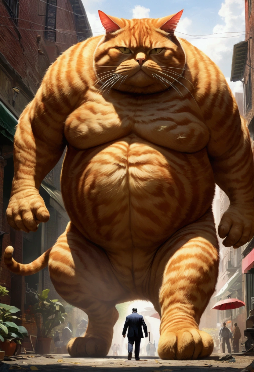 Giant fat Cat, full body, outdoor, by Sal Buscema and Brian Bolland and Neal Adams, cinematic still, (best quality, masterpiece), very aesthetic, perfect composition, intricate details, ultra-detailed, vivid colors