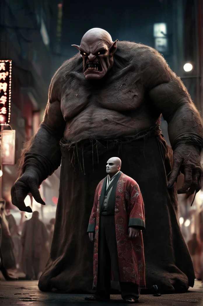 Steampunk night city、A giant monster in the background、Full Body Shot、Horror-themed movie stills,、Calm, big-headed old man, Skinhead、No horns、Head enlargement（Head size 1:9）、(Full body portrait:1.3), Nurarihyon、I'm wearing a kimono, Shallow depth of field, Vignette, Very detailed, High budget, Bokeh, CinemaScope, Sulky, amazing, nice, Film Grain, granular . Creepy, Anxious, dark, Creepyな, Suspenseful, strict, Very detailed