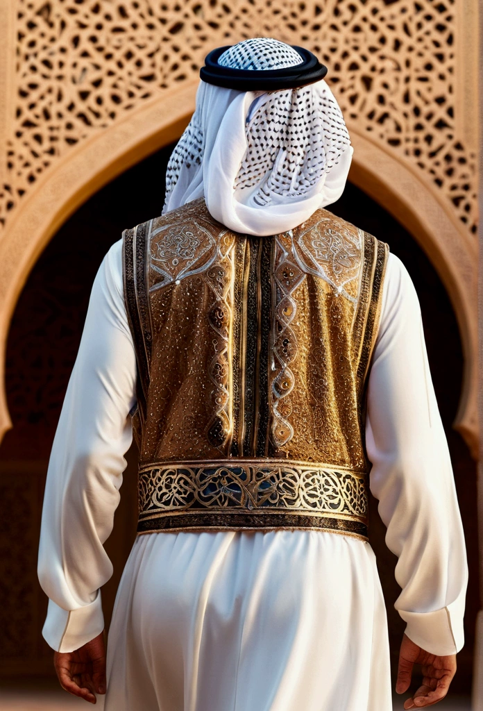 Arab man with back , Arabic costumes , fully body. Looking at