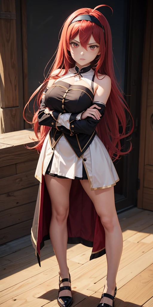 eris greyrat, 1girl, solo, long hair, ahoge, red eyes, red hair, bare shoulders,hairband, crossed arms,blush, skirt, black hairband, breasts, detached sleeves,bangs, hair between eyes, long sleeves, hair flaps, closed mouth, black skirt, brown skirt, shirt, crossed bangs, very long hair, white shirt,biwm,pointing at self,shouting,angry, 