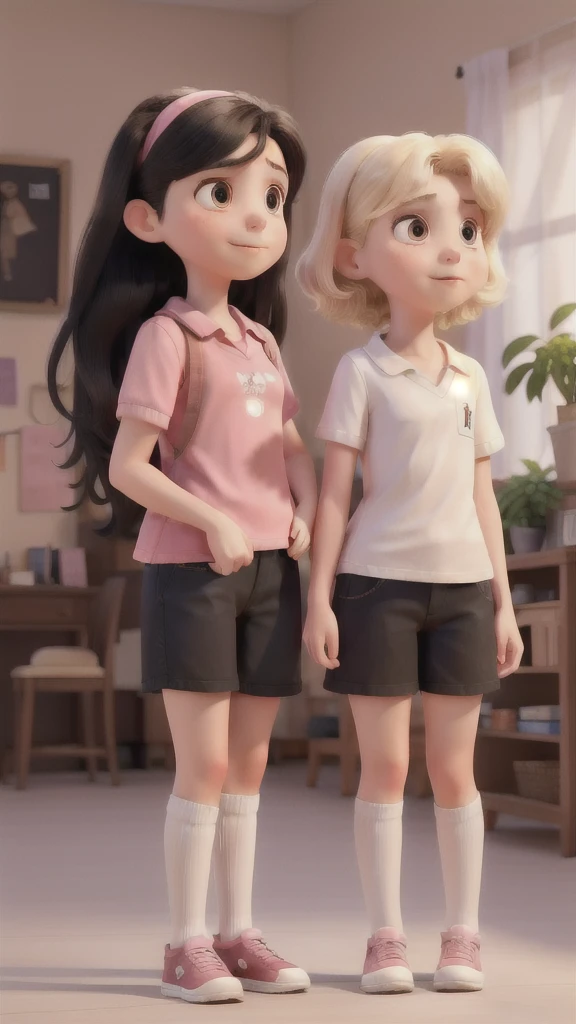 2 girls talking, English, , arms back, 3/4 shot, long black hair, white clothes, English, 10 anos de idade, pink clothes, blond short hair, realisitic, best qualityer, instagramart