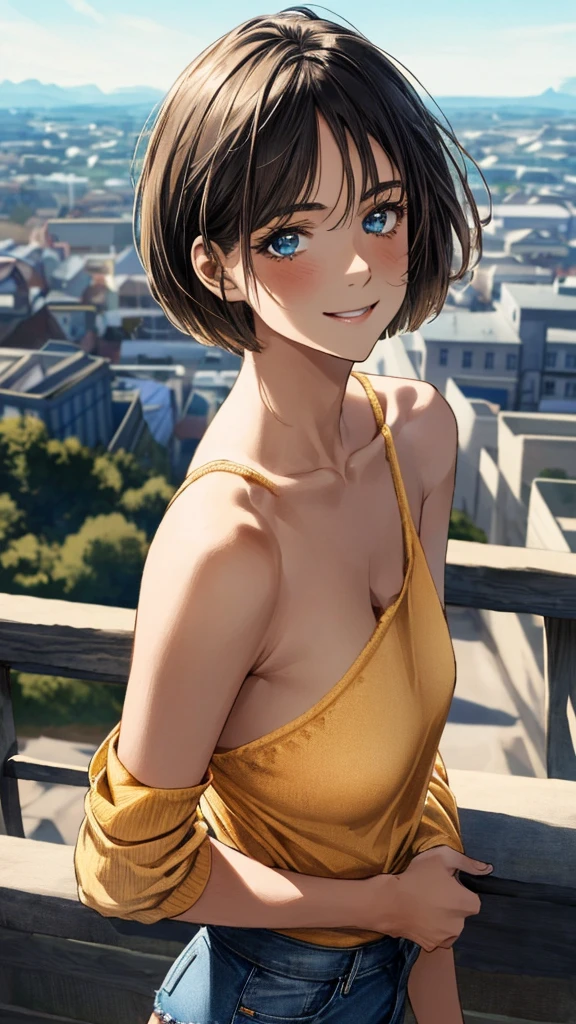 (masterpiece:1.3, Highest quality, Ultra-high resolution, Super detailed), (Realistic:1.1, photoRealistic:1.4), Beautiful illustrations, Perfect lighting, colorful, Depth of written boundary, 
Beautiful detailed hair, Beautifully detailed face, Beautiful attention to detail, Beautiful clavicle, Beautiful body, Beautiful breasts, Beautiful thighs, Beautiful feet, Beautiful fingers, 
View your viewers, 1 girl, Japanese, high school girl, Perfect Face, (Perfect Anatomy, Anatomically correct), Cute and symmetrical face, Baby Face, Sunburn, Glowing Skin, 
(short hair:1.5, Bobcut:1.2, Ash Blonde Hair), Hair between the eyes, blue eyes, Long eyelashes, (Medium chest), thin, 
(Short-sleeved off-shoulder yellow-green sweater, Black tank top, Denim shorts rolled up),　
(Beautiful views), evening, (Outdoor, distant cityscape), Are standing, Cute pose, (Cute smile, Upward glance, Open your mouth), ;d