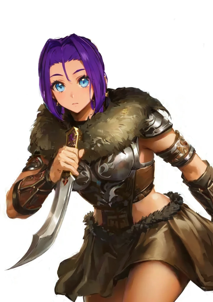 A man in brown clothes、Holding a sword、Purple hair woman, She holds a sword, Natalie in epic battle fantasy, Armor Girl, A very beautiful berserker woman, Wearing dark purple armor, Wearing fur armor, Wearing a shining breastplate, wearing intricate fur armor, female barbarian, Northern adult female warrior, Savage Female Portrait,Blue Eyes,Three Kingdoms,Dynasty Warriors,big ,sex body,Brown skin,cute,,Petite girl