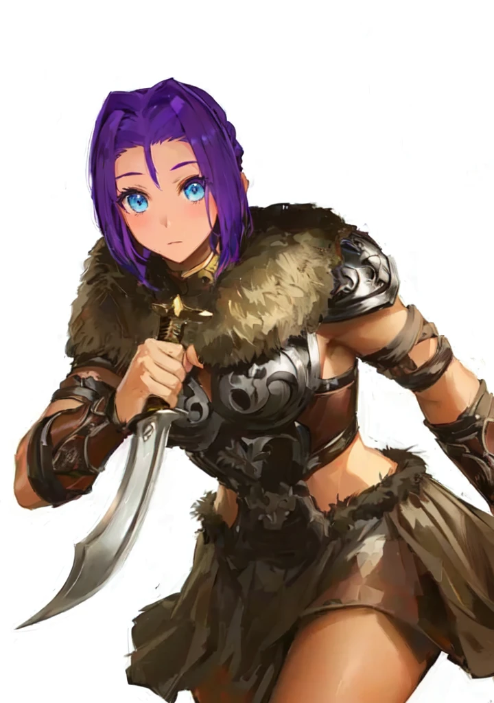 A man in brown clothes、Holding a sword、Purple hair woman, She holds a sword, Natalie in epic battle fantasy, Armor Girl, A very beautiful berserker woman, Wearing dark purple armor, Wearing fur armor, Wearing a shining plate, wearing intricate fur armor, female barbarian, Northern adult female warrior, Savage Female Portrait,Blue Eyes,Three Kingdoms,Dynasty Warriors,big ,sex boBrown skin,cute,Loli,Petiirl