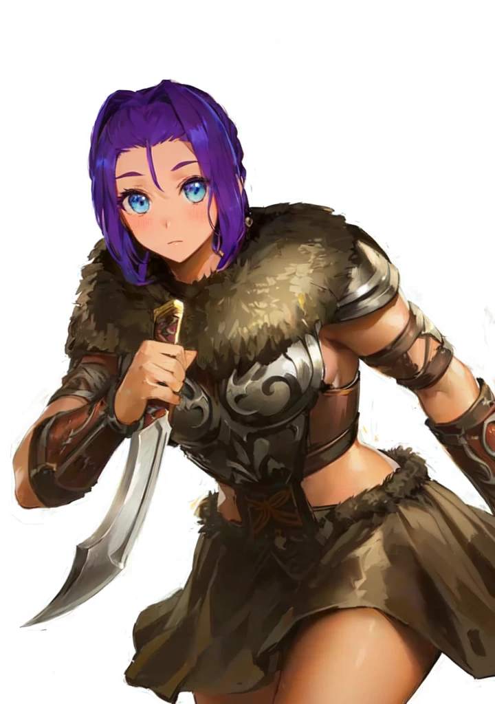 A man in brown clothes、Holding a sword、Purple hair woman, She holds a sword, Natalie in epic battle fantasy, Armor Girl, A very beautiful berserker woman, Wearing dark purple armor, Wearing fur armor, Wearing a shining breastplate, wearing intricate fur armor, female barbarian, Northern adult female warrior, Savage Female Portrait，Blue Eyes，Three Kingdoms，Dynasty Warriors，big ，sex body，Brown skin，cute，Loli，Petite girl