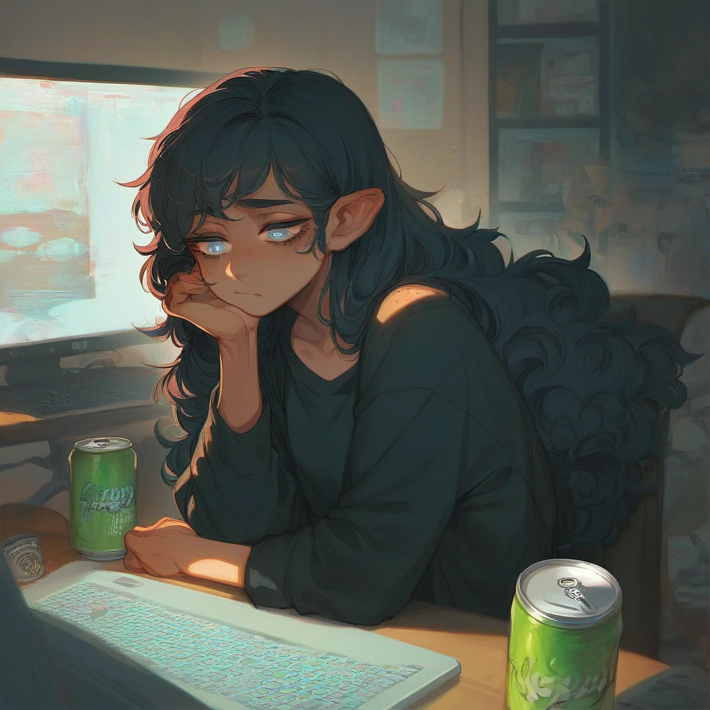 1woman, Black sweatshirt , sitting in front of the computer, tired expression, Monster drink cans around the table,Psychedelic colors, perfect anatomy, perspective,Black hair,long hair , Light blue eyes, fluffy hair,Room a little messy and a little dark 