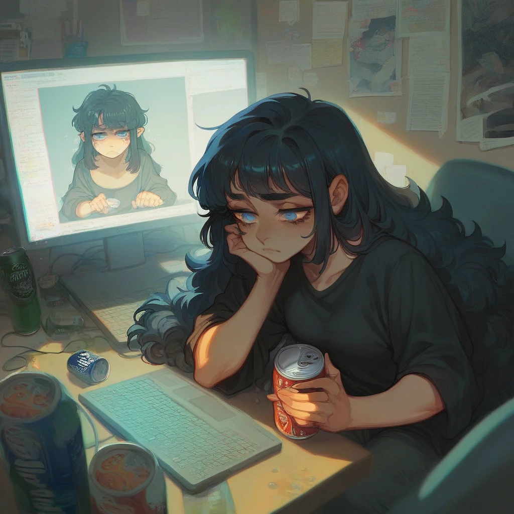 1woman, Black sweatshirt , sitting in front of the computer, tired expression, Monster drink cans around the table,Psychedelic colors, perfect anatomy, perspective,Black hair,long hair , Light blue eyes, fluffy hair,Room a little messy and a little dark
