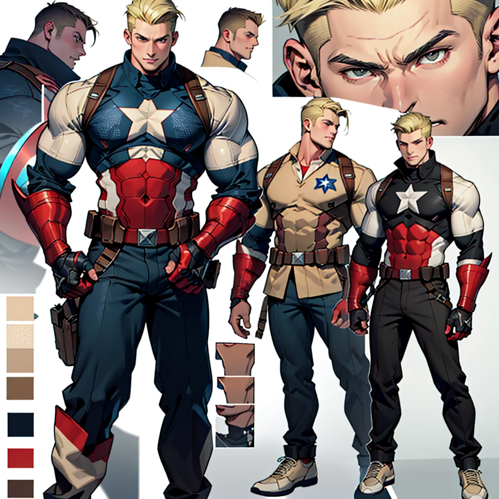 A model sheet of a muscular adult Captain America, short blonde hair in a very light tone, shaved neck. He wears a beige suit-style outfit in a light tone., black pants and black shoes. Using detailed gauntlets. In action and movement poses, various face angles, Facial expressions. 8 k quality
