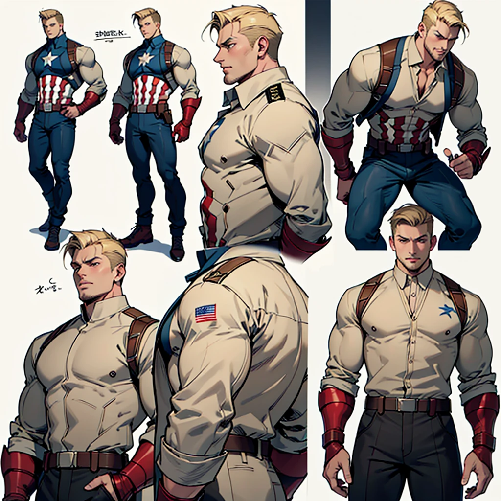 A model sheet of a muscular adult Captain America, short blonde hair in a very light tone, shaved neck. He wears a beige suit-style outfit in a light tone., black pants and black shoes. Using detailed gauntlets. In action and movement poses, various face angles, Facial expressions. 8 k quality