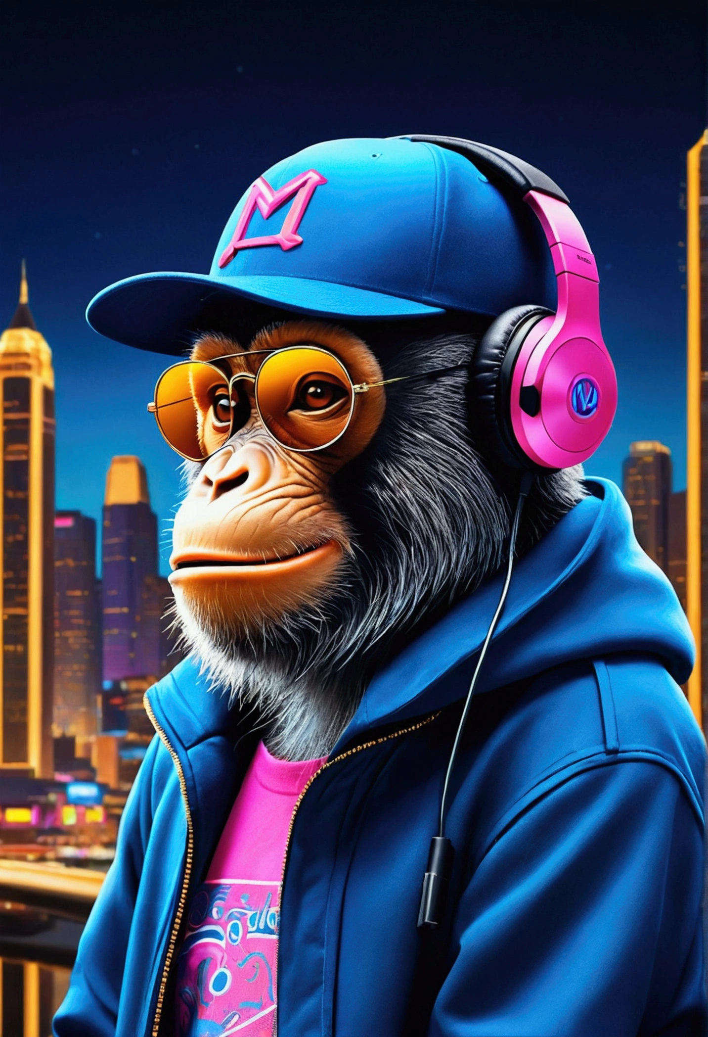 A stunning illustration of "The Hangout" logo, featuring a mischievous monkey wearing a trendy ball cap, sleek gaming headphones with a vibrant blue LED glow, cool shades with reflective lenses, and smoking a cigar with a hint of smoke curling up, set against a neon-lit cityscape at dusk, with a blurred background of towering skyscrapers and bustling streets, exuding a playful, sophisticated vibe, with a bold color palette of deep blues, electrifying pinks, and warm yellows, and intricate textures that evoke a sense of luxury and high-end gaming culture.