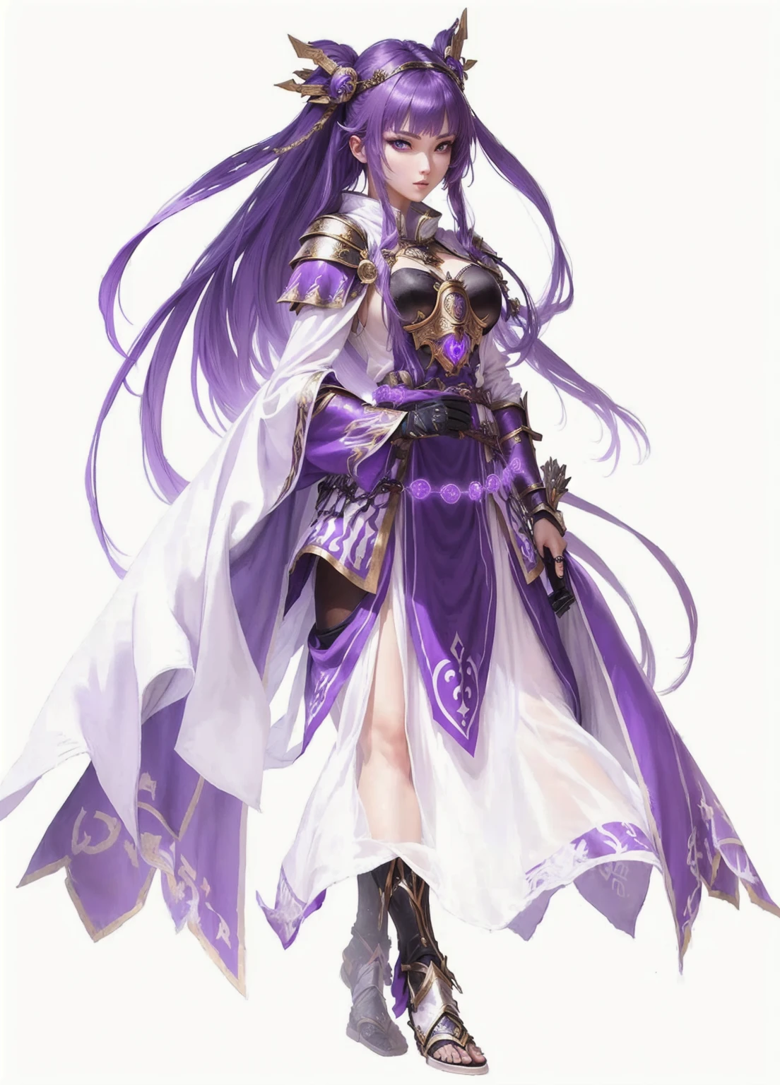 female warrior, sexy, attractive body, pretty face, female priestess knight, wear priestess clothes, purple hair, purple eyes,