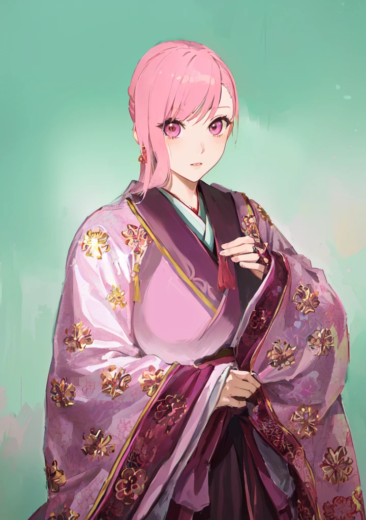 Pink Hair、Anime girl in purple dress，, Sakura Haruno, ((Wearing noble robes)), Goto Indian Summer,Produced in collaboration with Anime Painter Studio, Inspired by Nishikawa Sukenobu, Glorious Makami, inspired by Eizan Kikukawa, Wearing Kimono, Yaoi Haruma, Wearing Kimono，big ，huge ，sex body，Three Kingdoms，Dynasty Warriors，Chinese style，Hanfu，Huge Breasts，Pink Eyes，Pink Hair，A bit sinister look，Cunning girl，fate Miyamoto Musashi