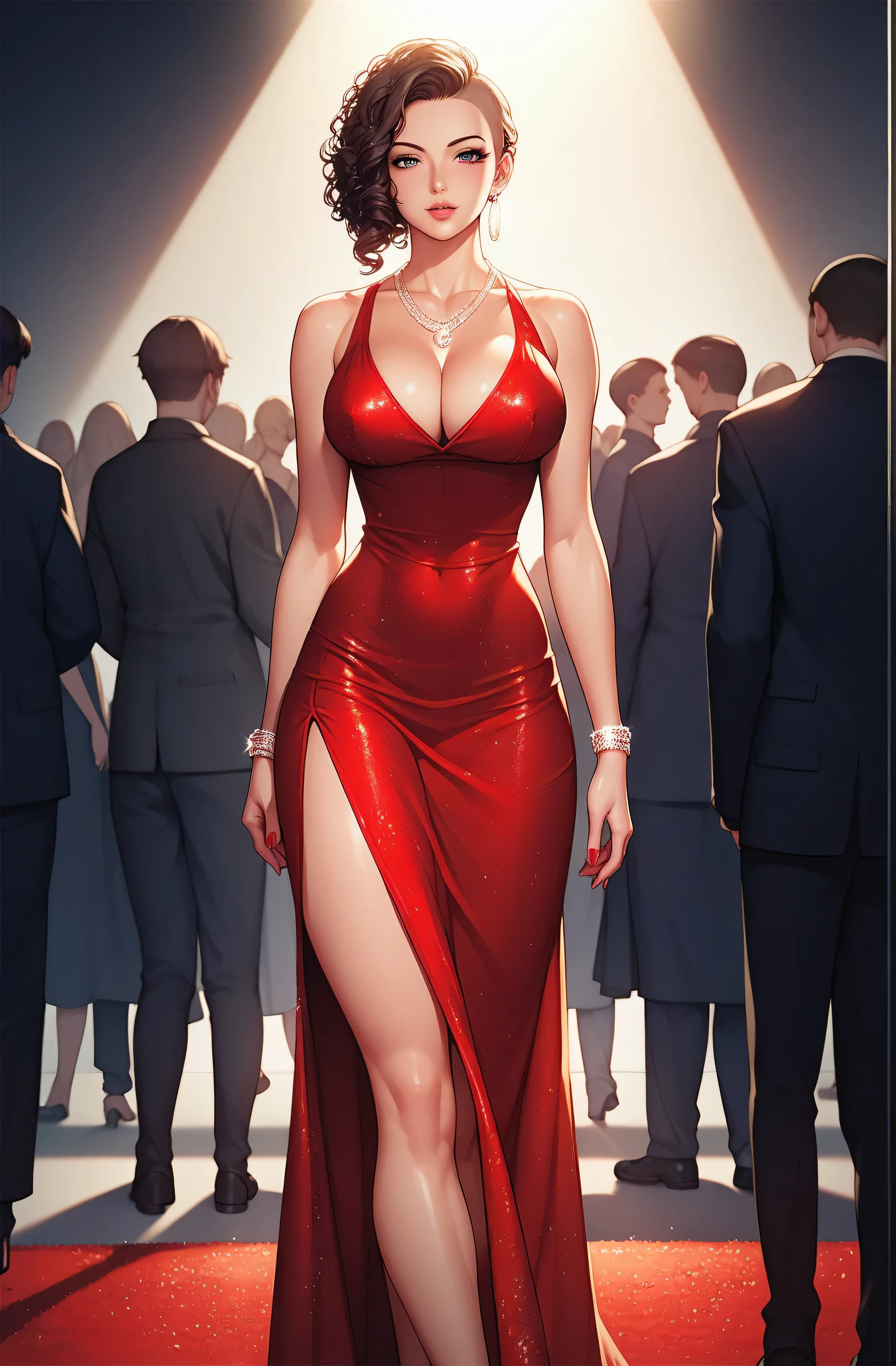 Masterpiece, best quality, anime style, 1girl, beautiful waifu, long tight dress, deep cut dress, standing on a red carpet, stretch limousine, curly hair, busty, long legs, cleavage, spotlight, paparazzi, crowd of people