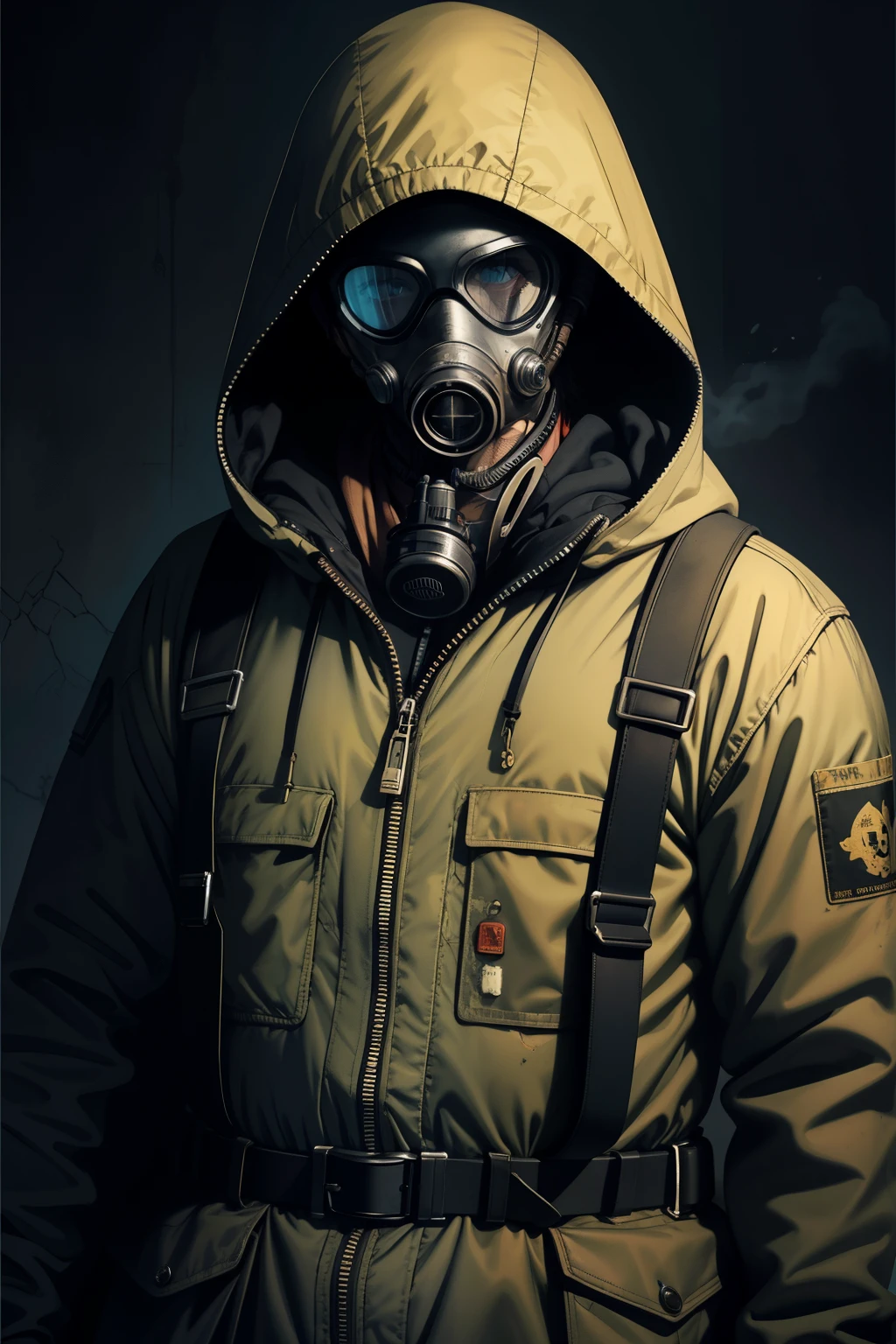 ((Horizontal image))((high resolution)), naughty man, Gas Mask with Protection Filter, hooded, radiation zone, Chernobyl, post apocalyptic
