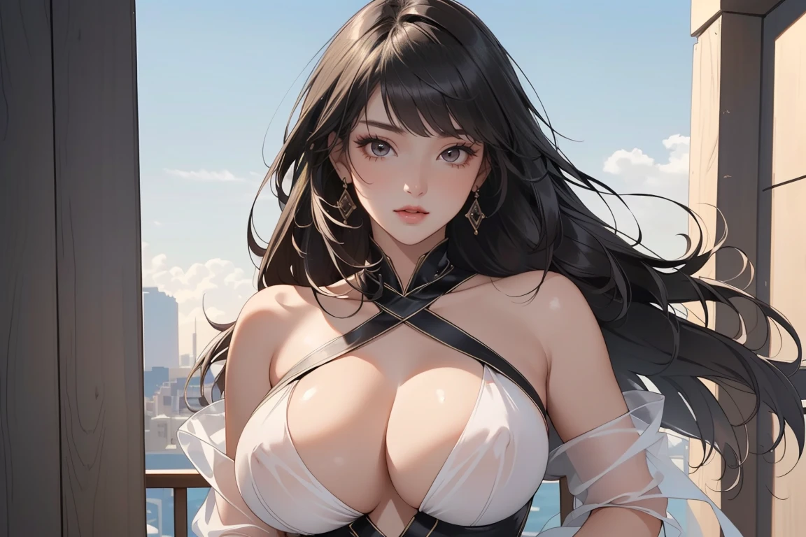 ((Masterpiece, top quality, high resolution)), ((highly detailed CG unified 8K wallpaper)), (huge stunning goddess shot, so hot and sexy, jaw dropping beauty, perfect proportions, beautiful body, slim body beauty:1.3), Goth Girl, Black Hair, Alternative bangs hairstyle, long dark hair, almond eyes, see-through costume is dominated by wind,