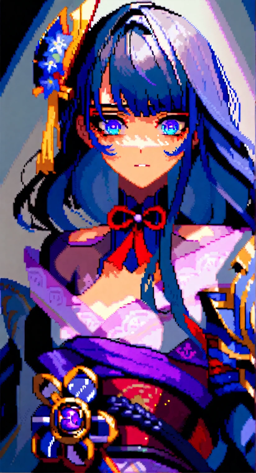 solo, (((pixel art))), masterpiece, best quality, very aesthetic, absurdres, extremely detailed, (quasarcake:1.2), raiden shogun genshin impact, v-line jaw, (((detailed lighting, rendered, beatiful eyes, expressive eyes, detailed eyes, perfect hair, detailed face and body))),
A valiant knight clad in gleaming, ornate armor stands at the edge of an ancient, enchanted forest. His sword, etched with runes and glowing faintly, is gripped firmly in his hand. The knight's helmet reveals eyes full of determination and honor. Behind him, a majestic castle rises against a backdrop of misty mountains, its towers touching the sky. A mystical creature, a loyal dragon or a graceful unicorn, stands by his side. The air is filled with the scent of pine and magic, and the soft sounds of a medieval melody echo through the trees. This scene embodies bravery and the timeless quest for justice in a world of fantasy.