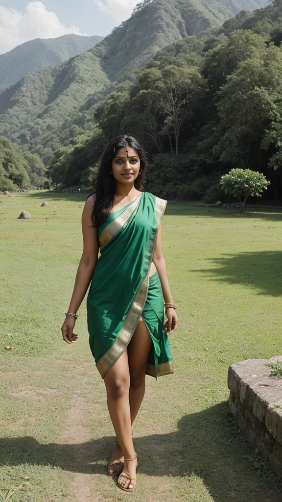 Indian sexy women in ancient time in short dress in a green valley. 