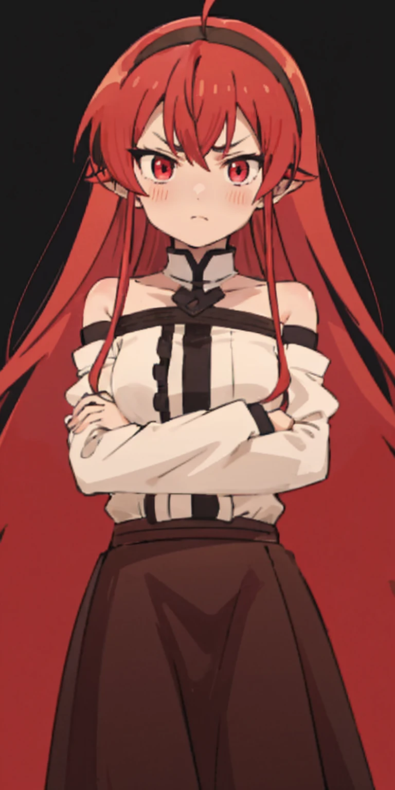 eris greyrat, 1girl, solo, long hair, ahoge, red eyes, red hair, bare shoulders,hairband, crossed arms,blush, skirt, black hairband, breasts, detached sleeves,bangs, hair between eyes, long sleeves, hair flaps, closed mouth, black skirt, brown skirt, shirt, crossed bangs, very long hair, white shirt,biwm,pointing at self,shouting,angry, 