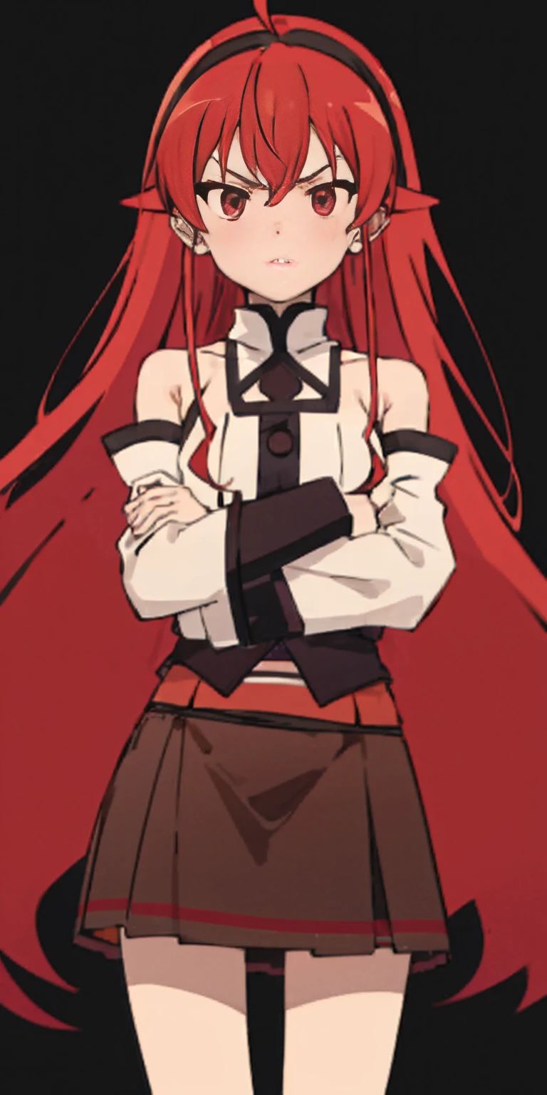 eris greyrat, 1girl, solo, long hair, ahoge, red eyes, red hair, bare shoulders,hairband, crossed arms,blush, skirt, black hairband, breasts, detached sleeves,bangs, hair between eyes, long sleeves, hair flaps, closed mouth, black skirt, brown skirt, shirt, crossed bangs, very long hair, white shirt,biwm,pointing at self,shouting,angry, 