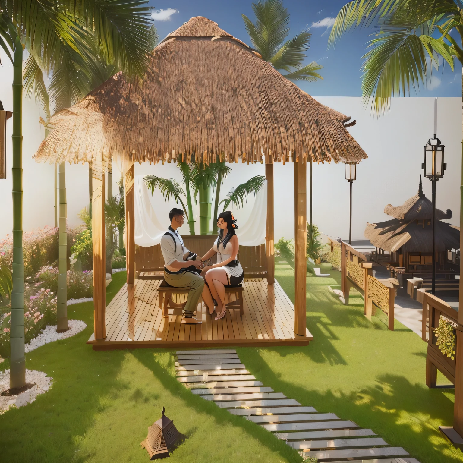 there is a man and woman sitting on a bench under a thatched roof, open air design, detailed Rendering, digital Rendering, open air, health spa and meditation center, tropical scenery, Rendering, bamboo huts, Polynesian style, a digital Rendering, 3D renderings, courtyard, thatched roof, in a seaside setting, pavilion, photographic rendering, 3d Rendering