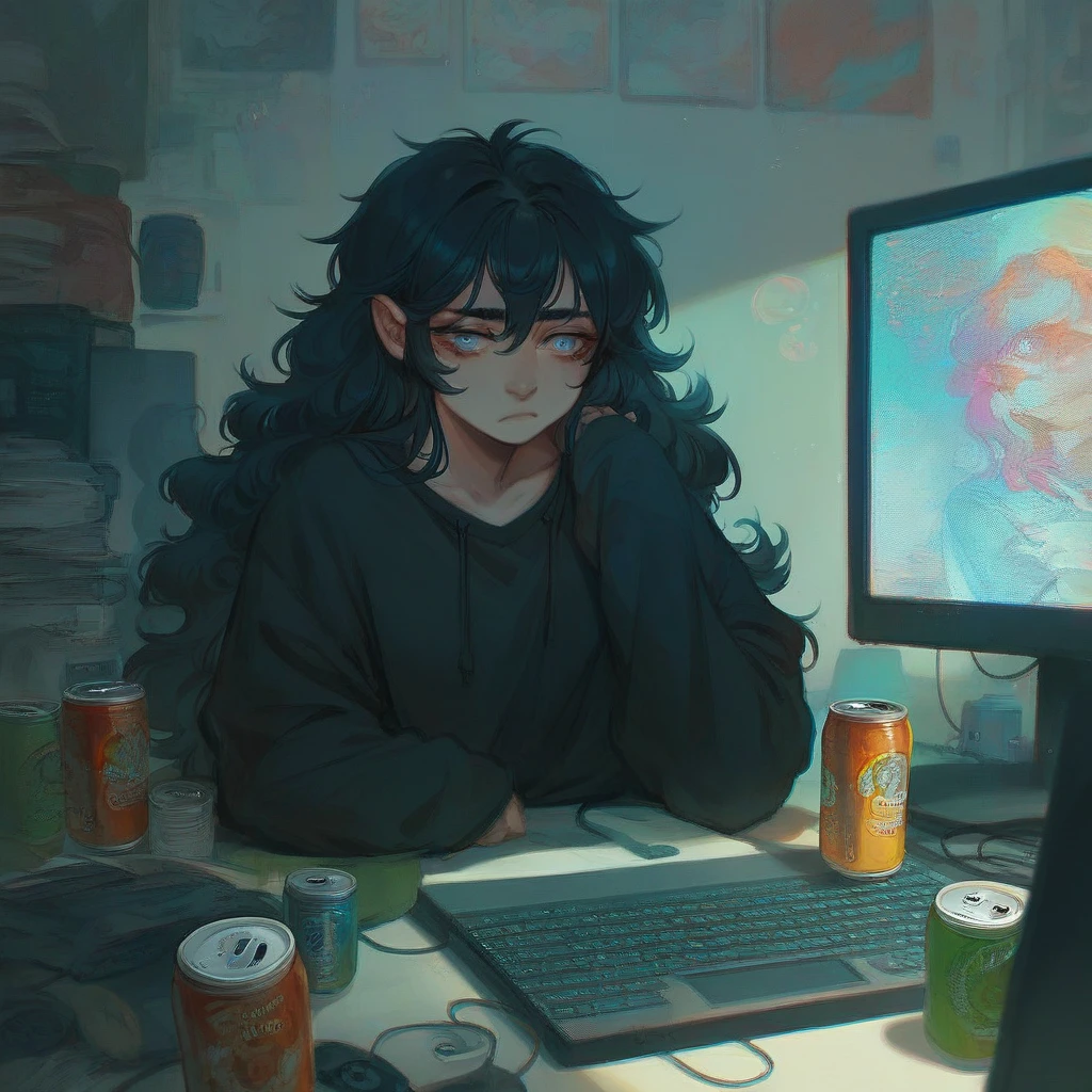 1woman, Black sweatshirt , sitting in front of the computer, tired expression, Monster drink cans around the table,Psychedelic colors, perfect anatomy, perspective,Black hair,long hair , Light blue eyes, fluffy hair,Room a little messy and a little dark