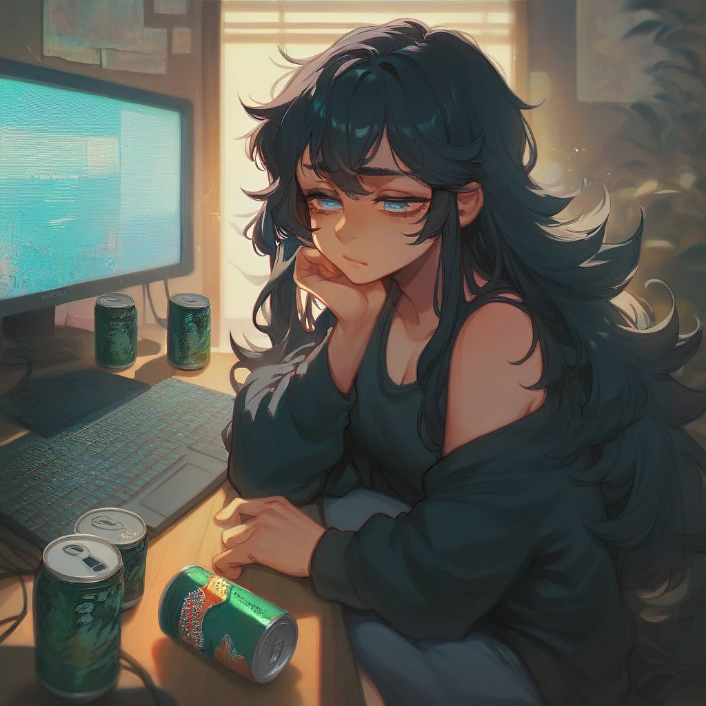 1woman, Black sweatshirt , sitting in front of the computer, tired expression, Monster drink cans around the table,Psychedelic colors, perfect anatomy, perspective,Black hair,long hair , Light blue eyes, fluffy hair,Room a little messy and a little dark
