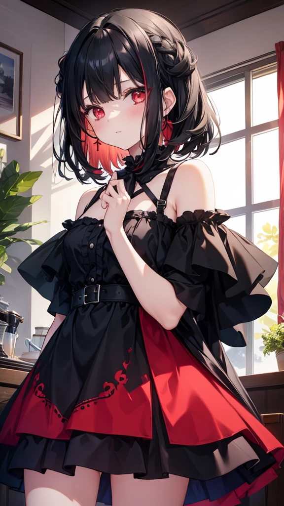 A girl with black hair and red eyes wearing cute dress