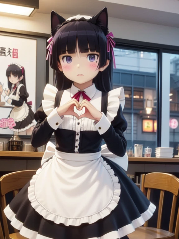 (masterpiece, Highest quality),  (ruri gokou), blush, Black Hair, Mole, Mole under eye, One Girl, Long Hair, Hime cut, (((maid Cafe))), ((Heart Hands)), ((Maid clothes, Cat ear, A girl in a costume is standing)), stockings, Black Tail, (apronスカート), Midi Skirt, stockings, apron, Frills, ribbon, collar, cuffs, Food on the table, Several boys sitting on chairs, indoor, Windows, reflection, Second floor, Colorful signs in Akihabara, full body