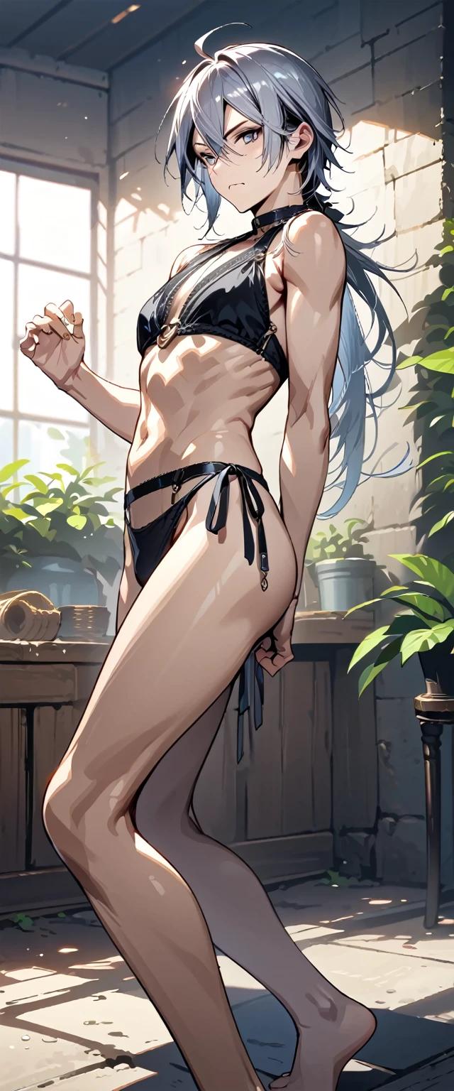 absurdres, highres, ultra detailed, super fine illustration, best quality, 1boy, perfect anatomy, male focus, solo, (dark-skinned:0.8) male, silver hair, long hair, black bikini, bare shoulders, bare arms, bare legs, <lora:_L2090:-0.6> <lora:flat:-0.2>