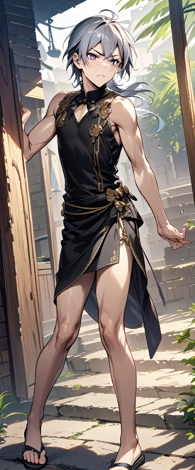 absurdres, highres, ultra detailed, super fine illustration, best quality, 1boy, perfect anatomy, male focus, solo, (dark-skinned:0.8) male, silver hair, long hair, black bikini, bare shoulders, bare arms, bare legs, <lora:_L2090:-0.6> <lora:flat:-0.2>