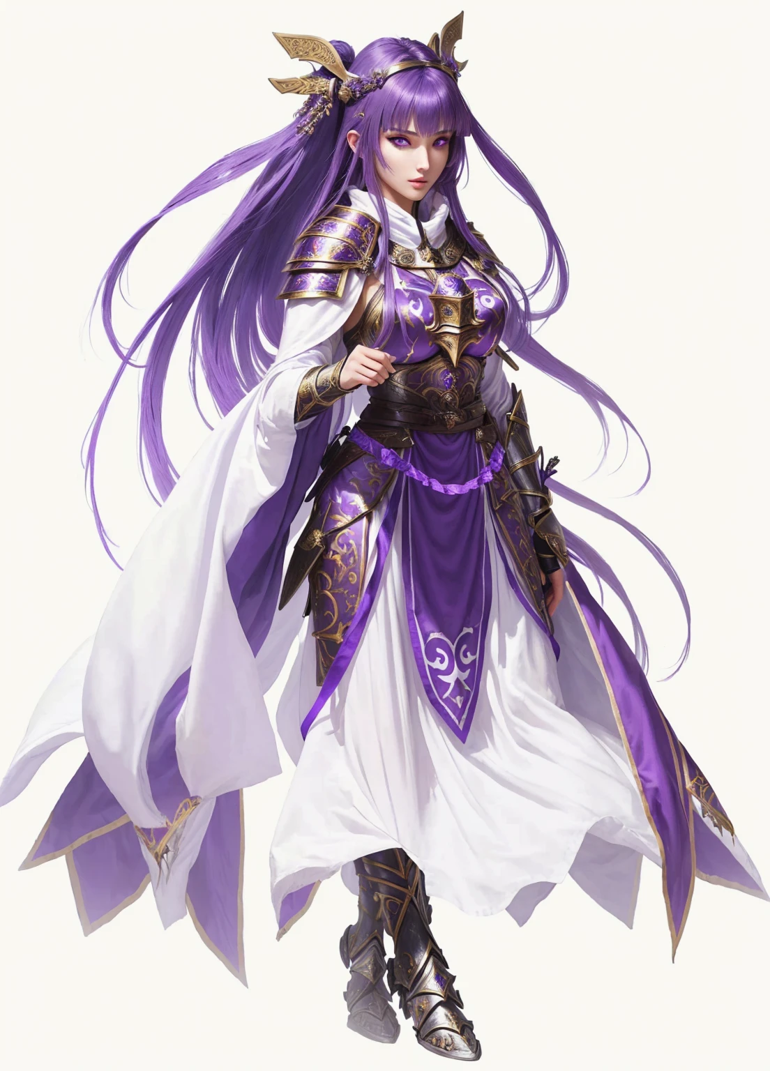female warrior, sexy, attractive body, pretty face, female priestess knight, wear priestess clothes, purple hair, purple eyes, knight, almond eyes, kinght,