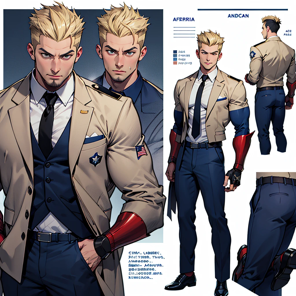 A model sheet of a muscular adult Captain America, Short blonde hair in a pompadour style in a very light tone, shaved neck. He wears a suit-style outfit with light beige colors., navy blue blouse and black tie. Wearing navy blue pants and black shoes. Using detailed gauntlets. In action and movement poses, various face angles, Facial expressions. 8 k quality.