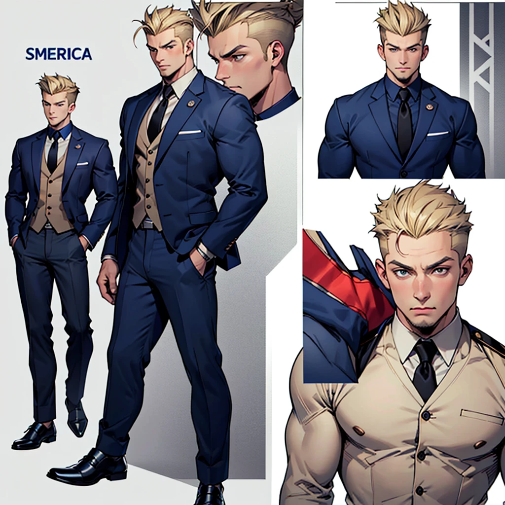 A model sheet of a muscular adult Captain America, Short blonde hair in a pompadour style in a very light tone, shaved neck. He wears a suit-style outfit with light beige colors., navy blue blouse and black tie. Wearing navy blue pants and black shoes. Using detailed gauntlets. In action and movement poses, various face angles, Facial expressions. 8 k quality.